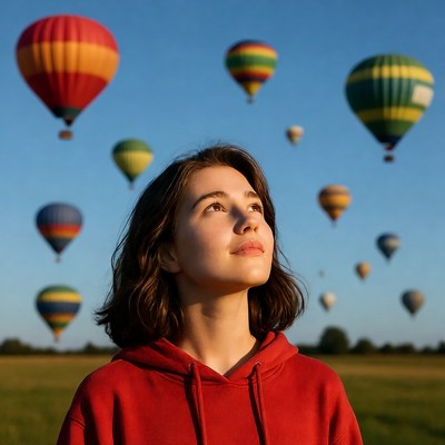 Girl watches hot air balloons in sky