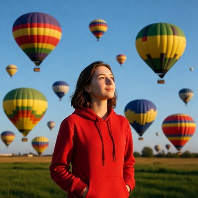 Young woman watches hot air balloons fly