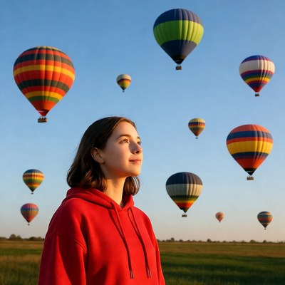 Girl watches colorful hot air balloons fly