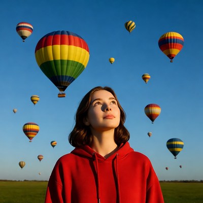 Woman in hoodie watches balloons