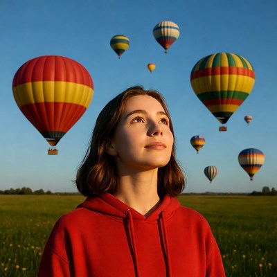 Girl watches hot air balloons fly