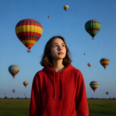 Hot air balloons and a girl in the field