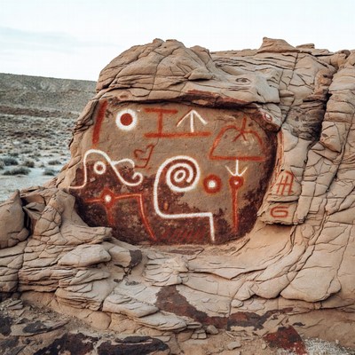 Petroglyphs on rock formation in desert