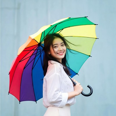 Woman holding colorful umbrella outdoors