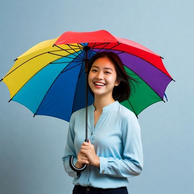 Smiling girl with colorful umbrella indoors