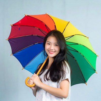 Woman holds colorful umbrella indoors