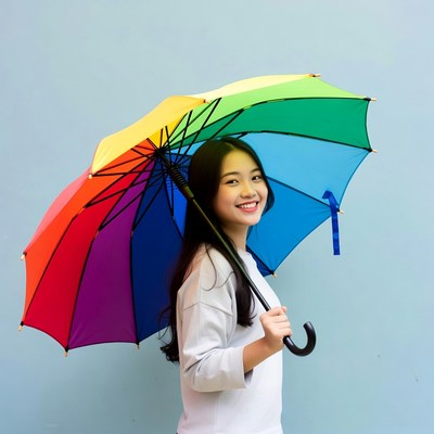 Girl holding rainbow umbrella