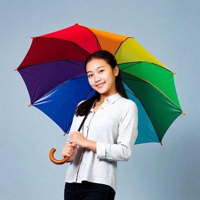 Young girl holds colorful umbrella indoors