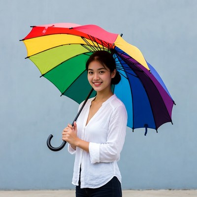 Woman holding colorful umbrella outdoors