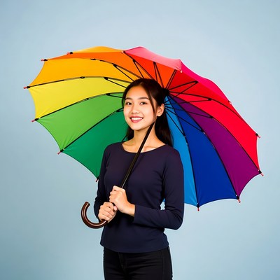 Smiling girl holds rainbow umbrella indoors