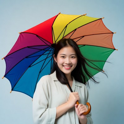 Young woman holding colorful umbrella indoors