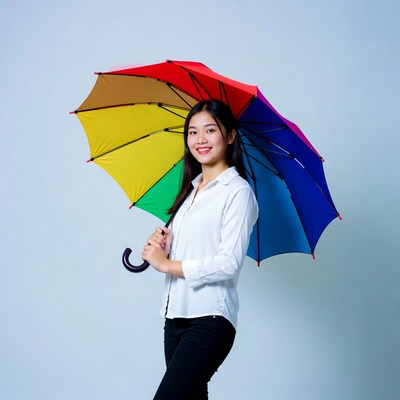 Woman holding colorful umbrella indoors