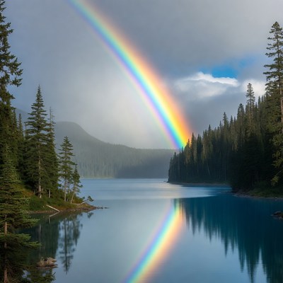 Rainbow over calm lake and trees