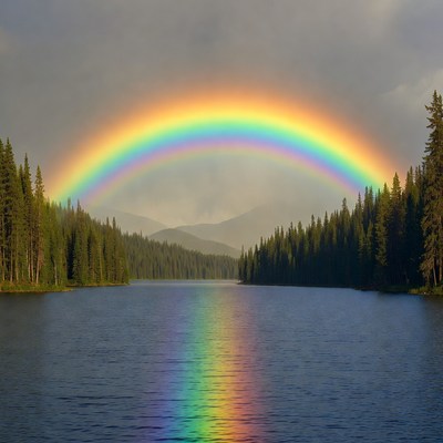 Rainbow over calm lake with trees