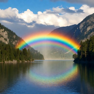 Rainbow over mountain lake view