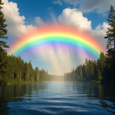 Rainbow over river and trees