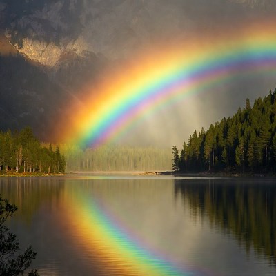 Rainbow over lake with forest