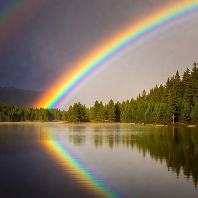 Rainbow over forest and lake