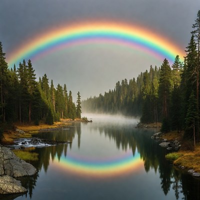 Rainbow over forest river in morning