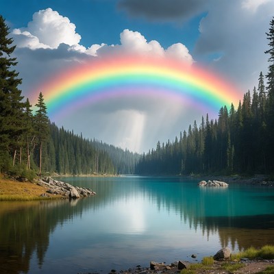 Rainbow over forest lake scene