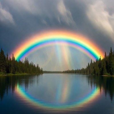 Rainbow over calm lake with trees