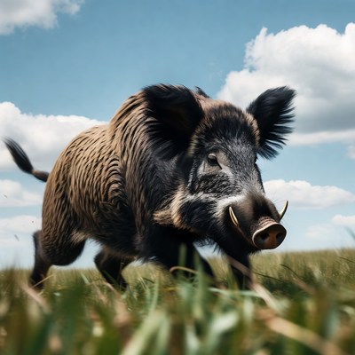 Wild boar runs through grassy field