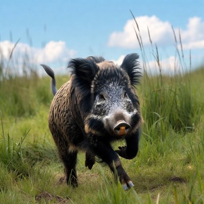 Wild boar running in grassy field