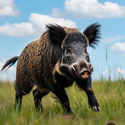 Wild boar running in the field