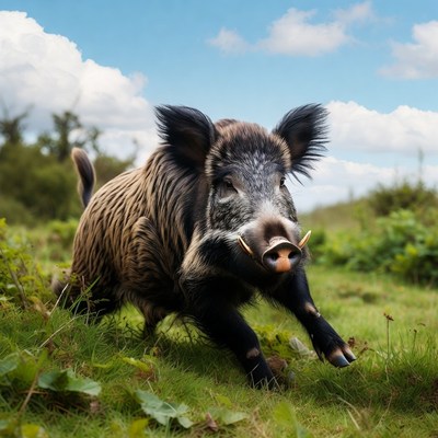 Wild boar running in green field