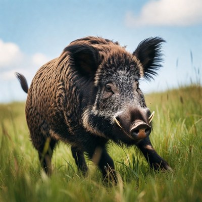 Wild boar walking in field