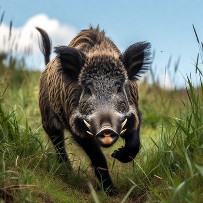 Wild boar running in green field