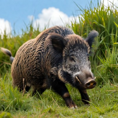 Wild boar running in grass field