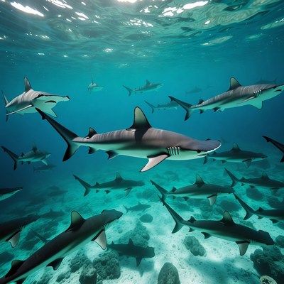 Sharks swimming in clear ocean water