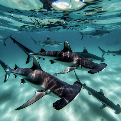 Sharks swimming in clear water