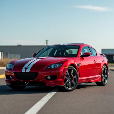 Red sports car on the road near factory