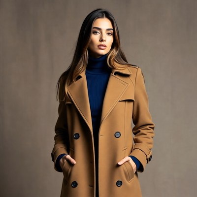 Model poses in brown coat indoors