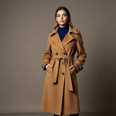 Woman in a coat stands against a plain background