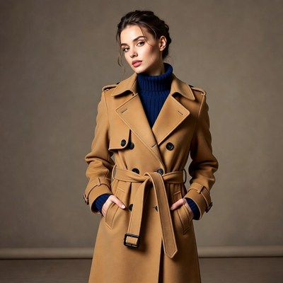 Model poses in trench coat indoors