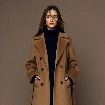 Model in brown coat indoors