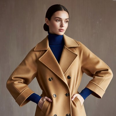 Model in stylish coat poses indoors