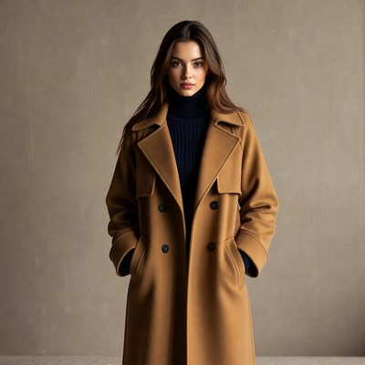 Woman in winter coat posing indoors
