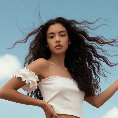 Model poses with flowing hair outdoors