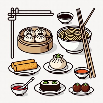 Diverse asian cuisine arrangement display