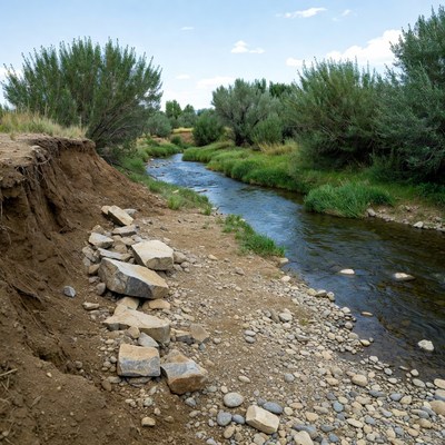 Riverbank with rocks and trees