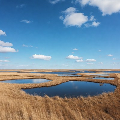 Wetlands with blue sky and clouds