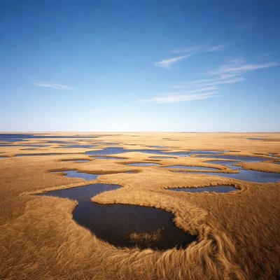 Marshland with water patches near horizon