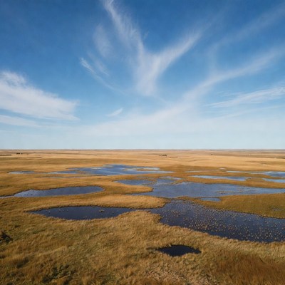 Wide grassy field and blue sky in the countryside