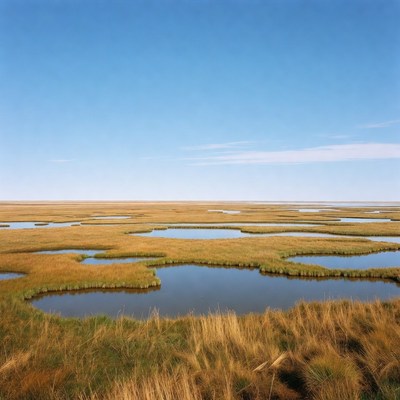 Wetlands with water puddles and grass