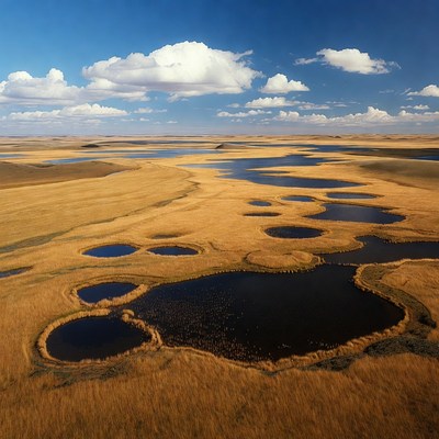 Wide view of grassland and water