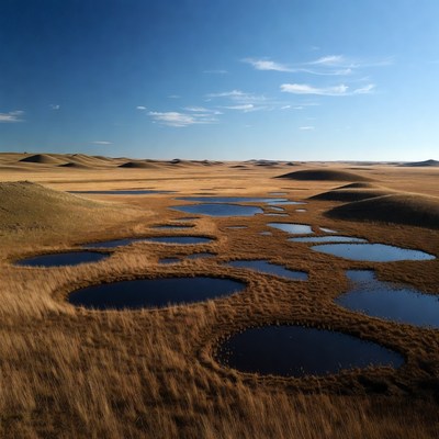 Water puddles in grassland landscape